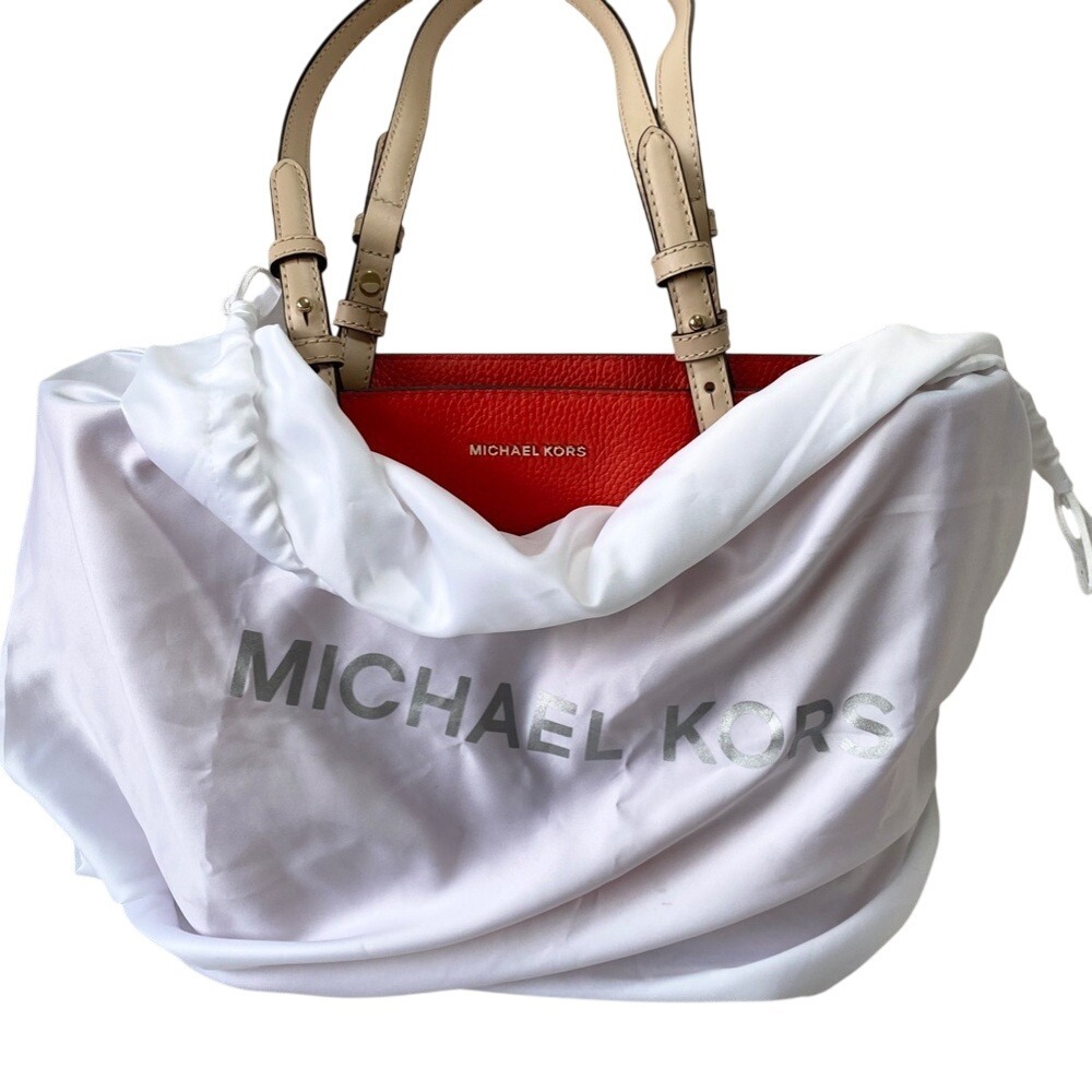 Michael Kors Tote Bedford Pebbled Leather Pocket, Womens Medium Coral-Red - Picture 5 of 9
